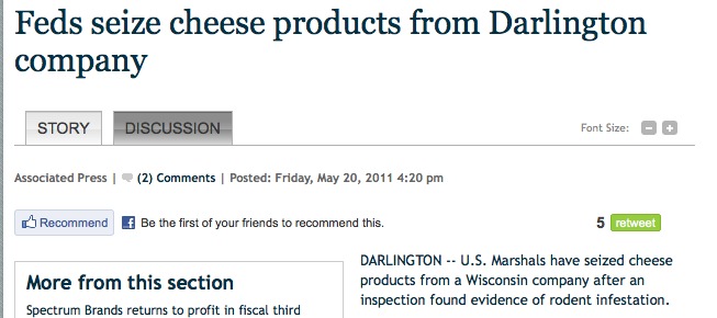 U.S. Marshals have seized cheese products from a Wisconsin company after an inspection found evidence of rodent infestation.